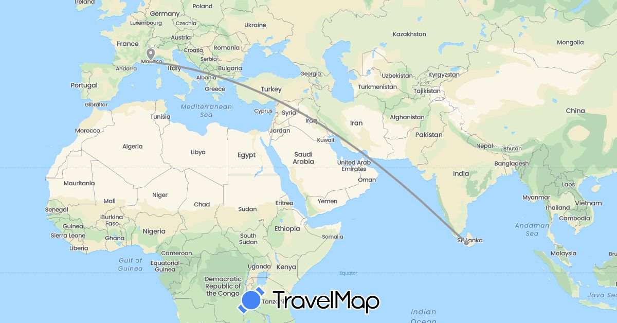 TravelMap itinerary: driving, plane in France, Sri Lanka (Asia, Europe)